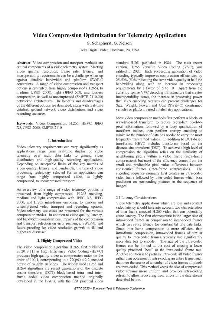 Video Compression Optimization for Telemetry Applications